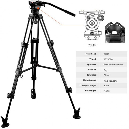 E-Image EG03AA Cabezal Fluido GH03 + Trípode AT7402A  Cap 5kg.