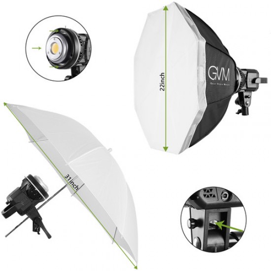 GVM Kit de 4 luces LED  80S con sombrillas, softboxes y soporte de fondos