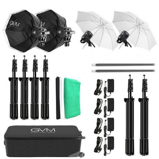 GVM Kit de 4 luces LED  80S con sombrillas, softboxes y soporte de fondos