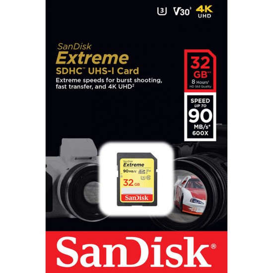 SanDisk Extreme 32GB SDHC Class 10 UHS-1 U3 V30 150MB/s L / 60MB/s E