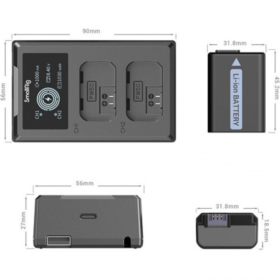 SmallRig 3818 Kit 2 Baterías y Cargador Dual USB serie Sony FW50