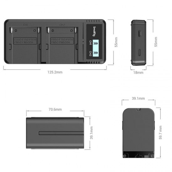 SmallRig 3823 Kit 2 Baterías F970 Serie L y cargador USB