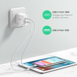 Ugreen Cargador de pared USB C y USB A de 30 W y 2 puertos