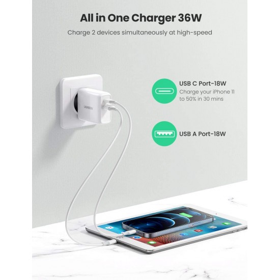 Ugreen 60468 Cargador EU de pared USB C y USB A de 30 Watts