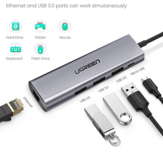 Ugreen 60812 Estacion USB SuperSpeed Multi-port Hub  3 USB 3.0 / RJ45